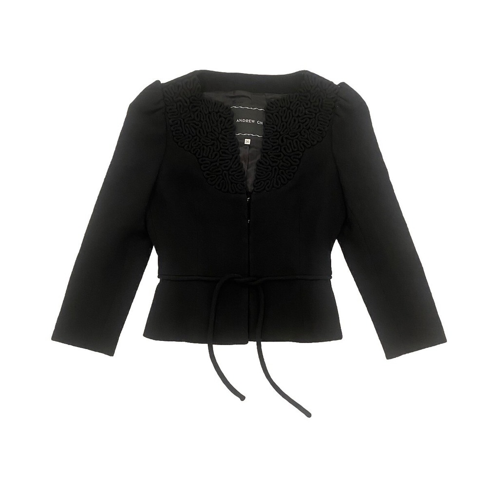 ANDREW GN Womens Black Wool Crop Jacket Blazer Front Tie Size 36 (US 2-4)